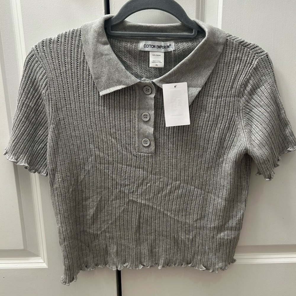 NWT: Cotton Emporium Gray Ribbed Polo Crop Kid Girls XL Top with Button Placket